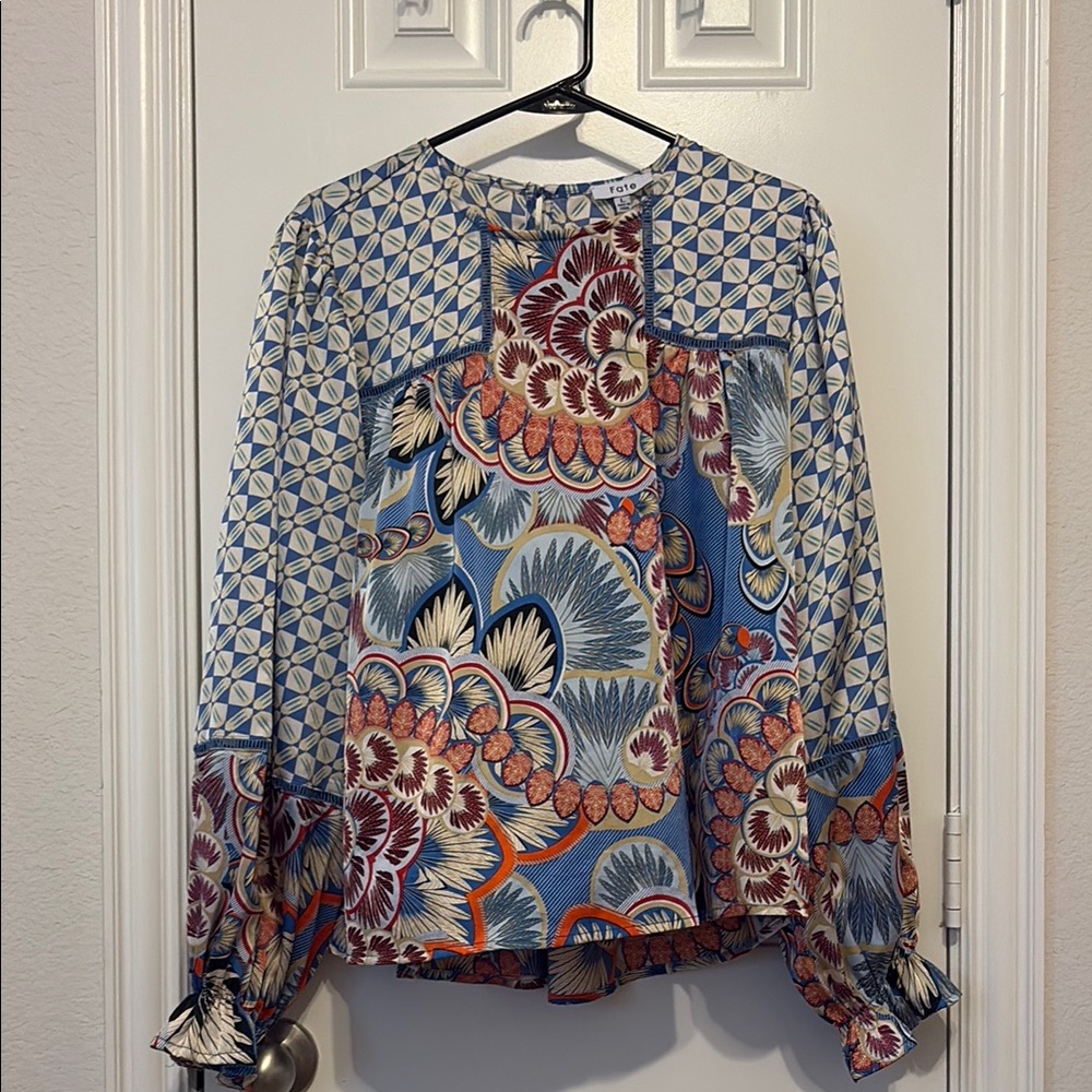 Fate Blue and Orange Graphic Long Sleeve Blouse